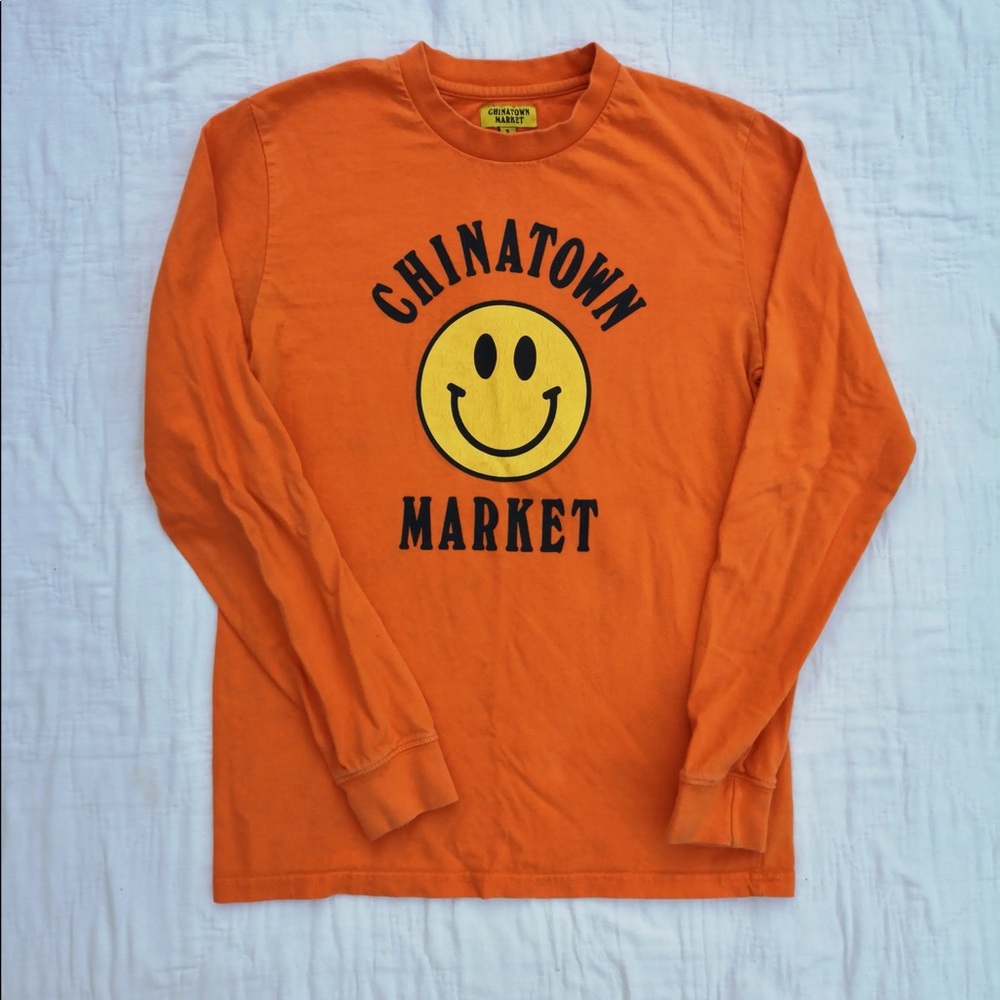 Chinatown Orange Smiley Face Cropped Long Sleeve